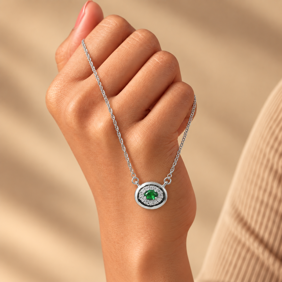 Green Oval Halo Moissanite Pendant Chain