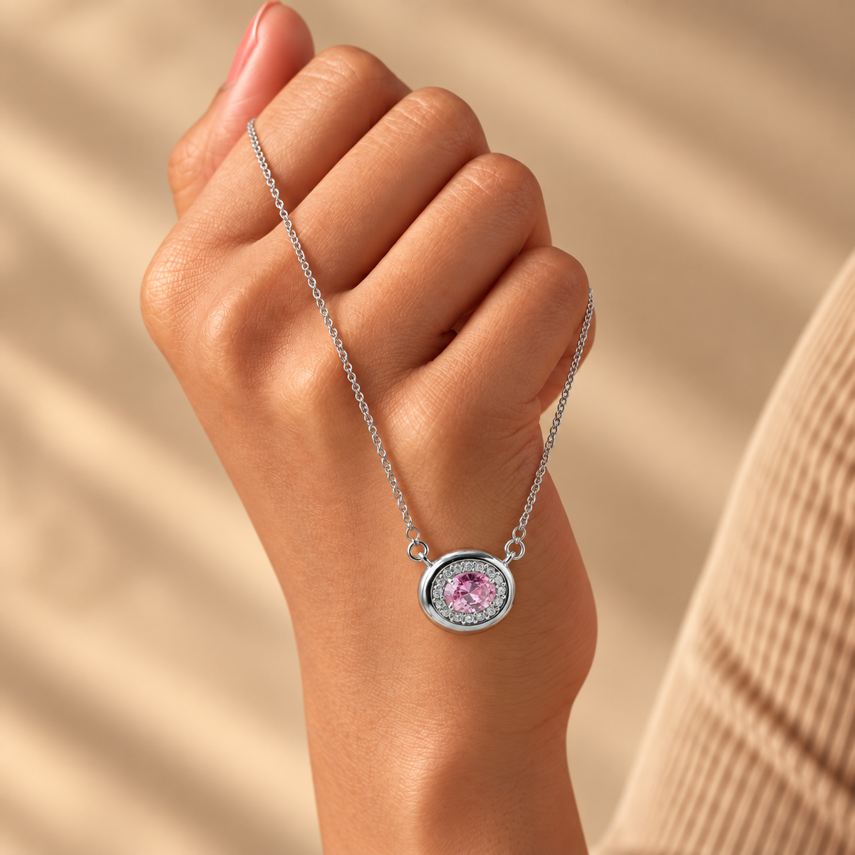 925 Silver Pink Quartz Moissanite Pendant with Chain for Women