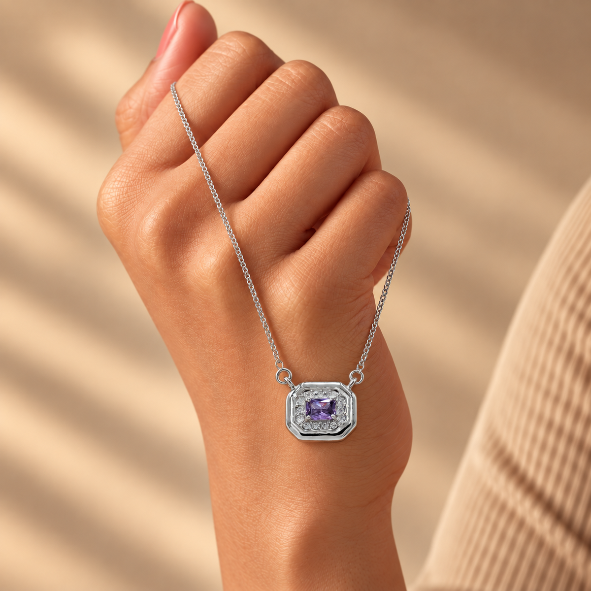 Silver Purple Quartz Moissanite Pendant Chain for Women