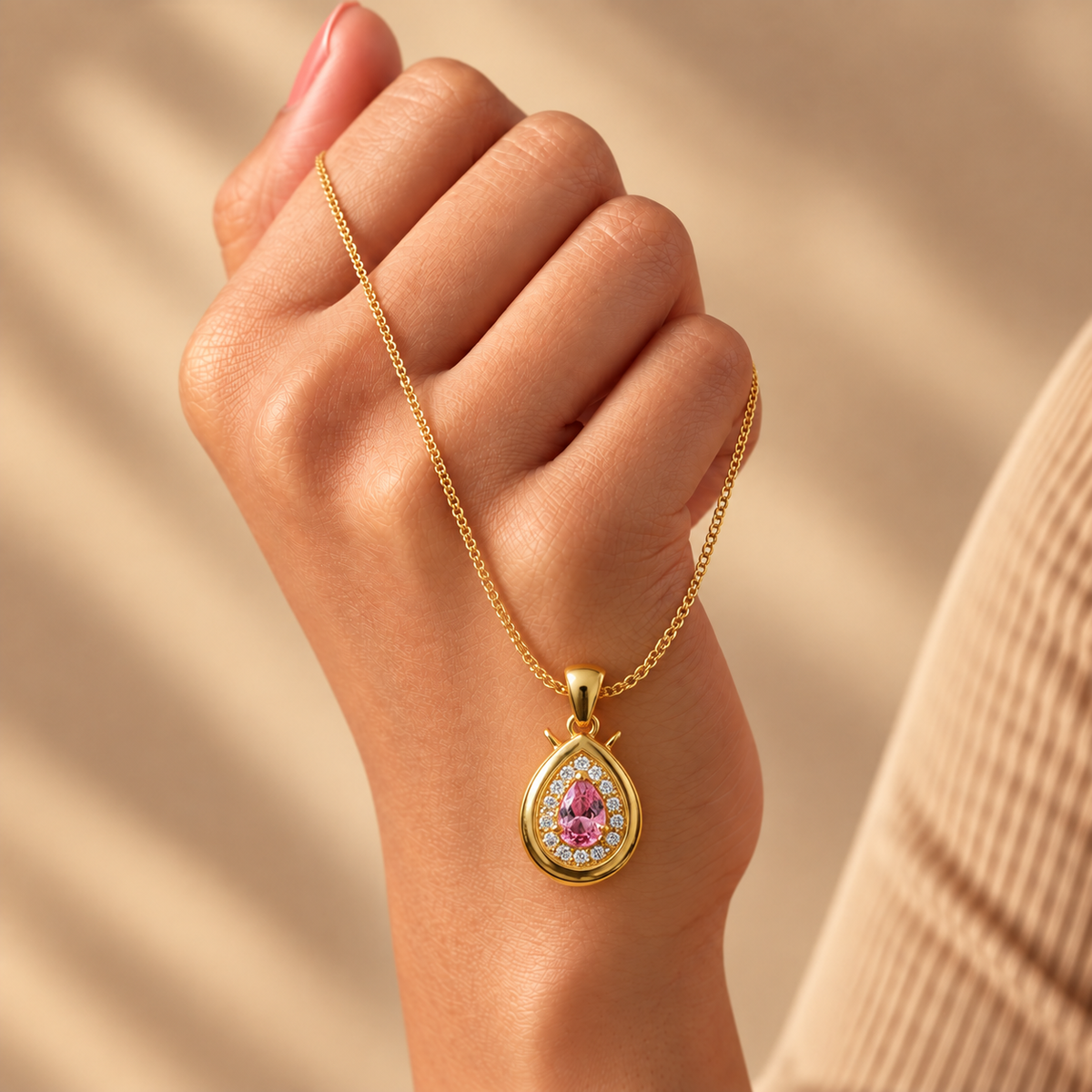 925 Silver Teardrop Pink Quartz Moissanite Pendant Chain