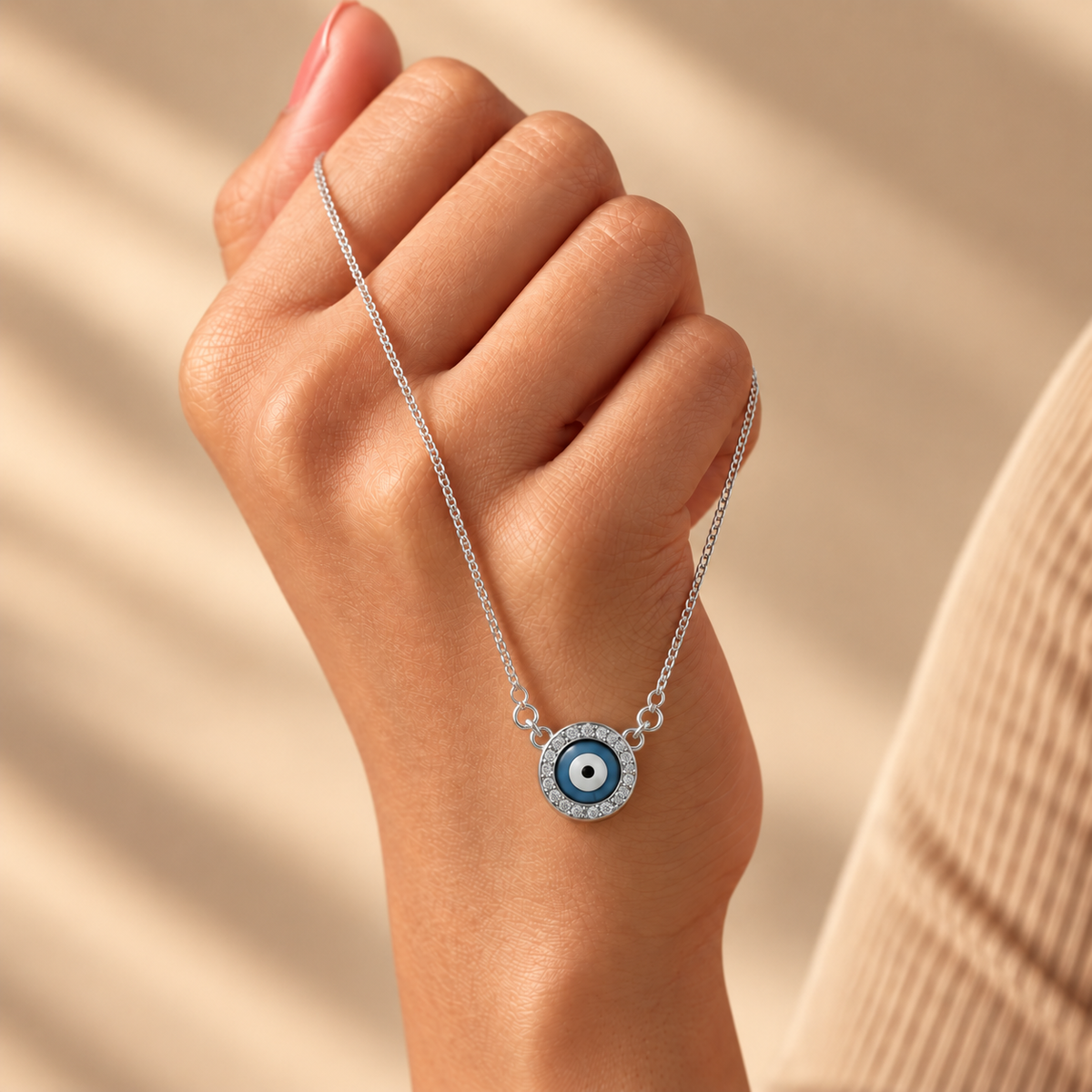 925 Silver Moissanite Round Evil Eye Chain Pendant