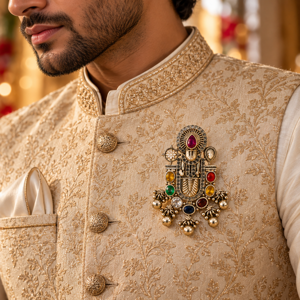 Regal Indian Temple Inspired Deity Motifs Multicolor Gemstones Statement Brooch Cum Pendant (On Pre-Order)