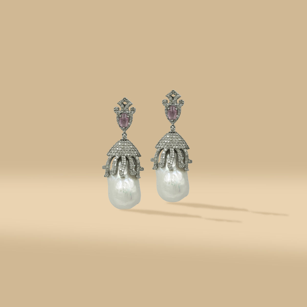 3.98 Ct Natural Diamonds with 925 Silver Pearl & Rubylite Drop Earrings