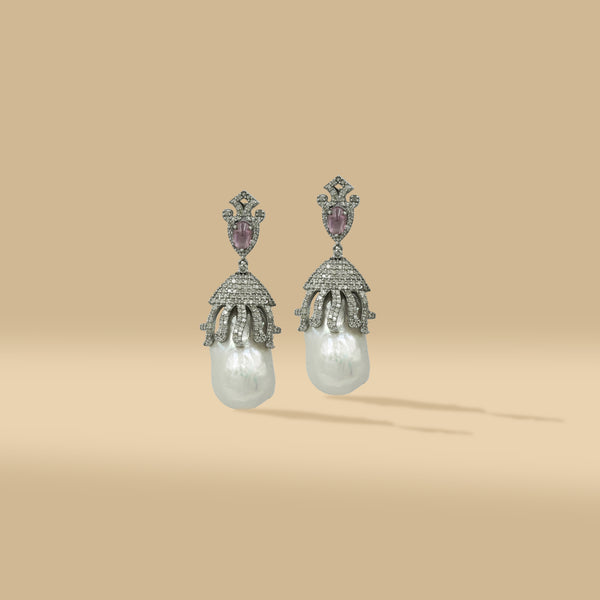 3.98 Ct Natural Diamonds with 925 Silver Pearl & Rubylite Drop Earrings