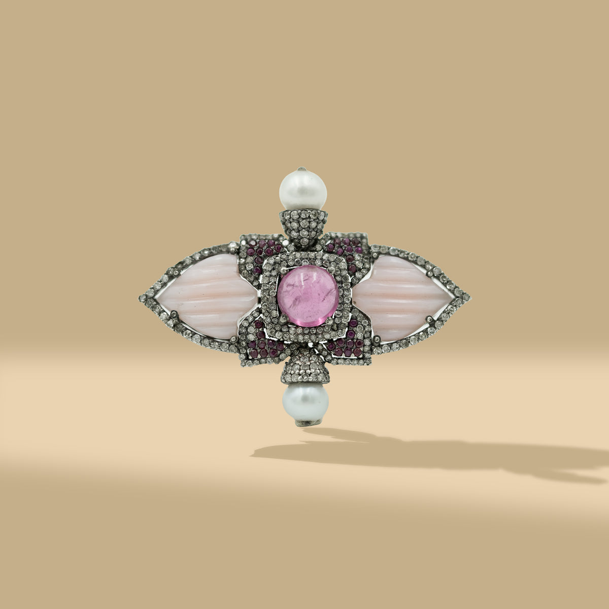 1.05 Ct Natural Diamonds with 925 Silver Opal & Rubylite Brooch