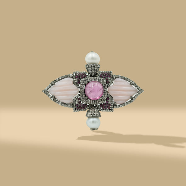 1.05 Ct Natural Diamonds with 925 Silver Opal & Rubylite Brooch