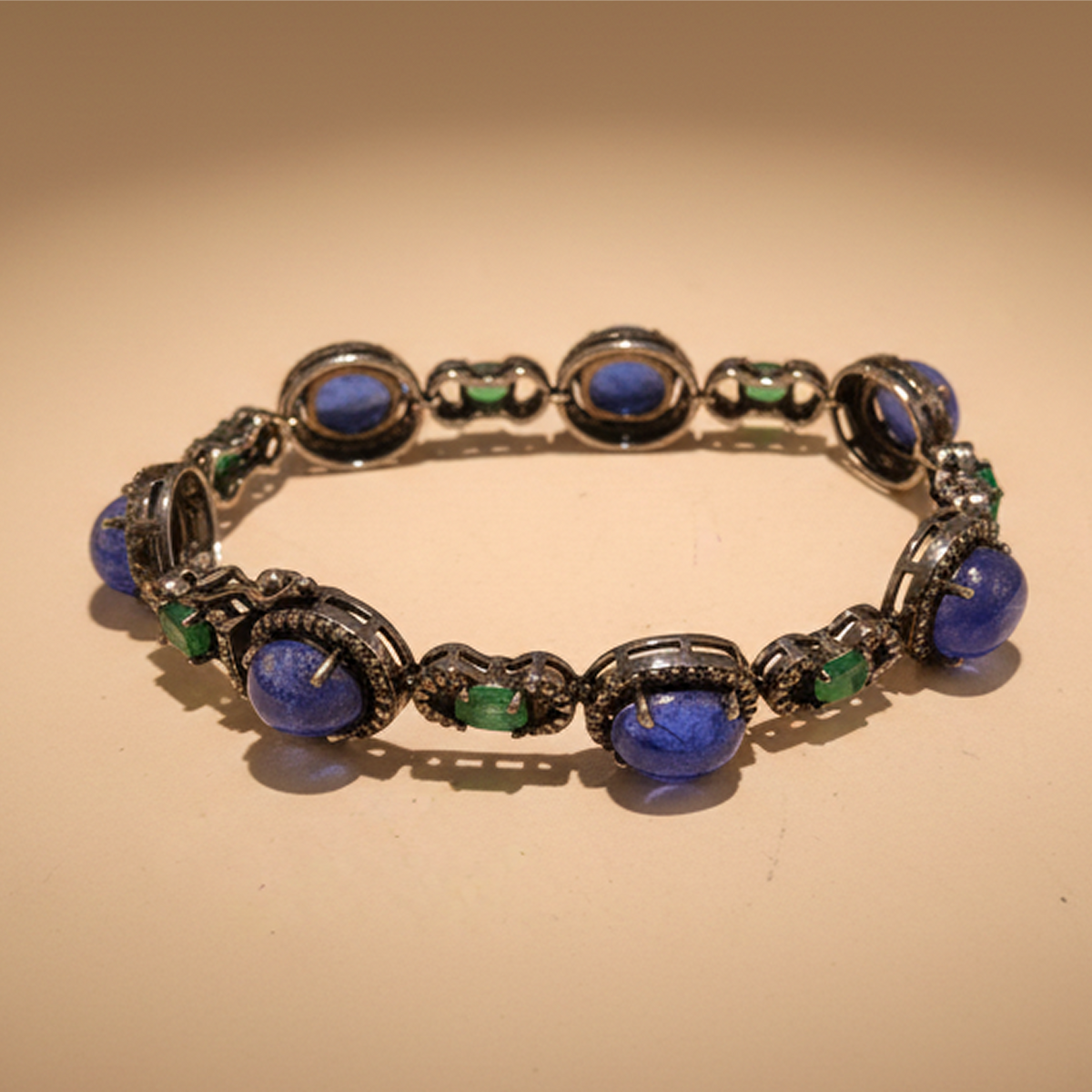 2.88 ct Natural Diamond & 925 Silver With Blue Sapphire & Emerald Bracelet