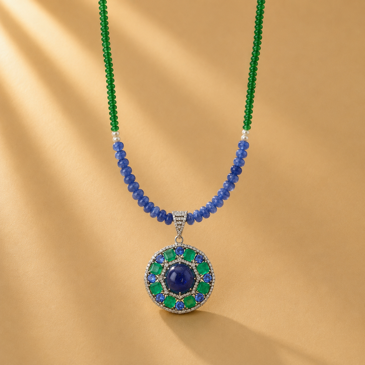 3.65 ct Natural Diamonds with 925 Sterling Silver Blue & Green Beaded Necklace