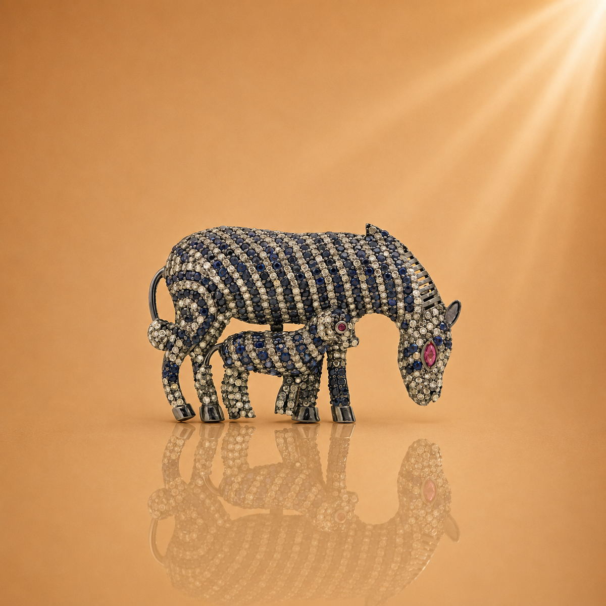 2.40 ct Natural Diamonds with 925 Silver Blue Sapphire & Ruby Elephant Brooch