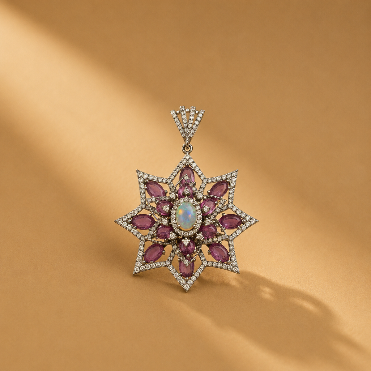 1.54 Ct Natural Diamonds with 925 Sterling Silver and Tourmaline & Opal Floral Pendant