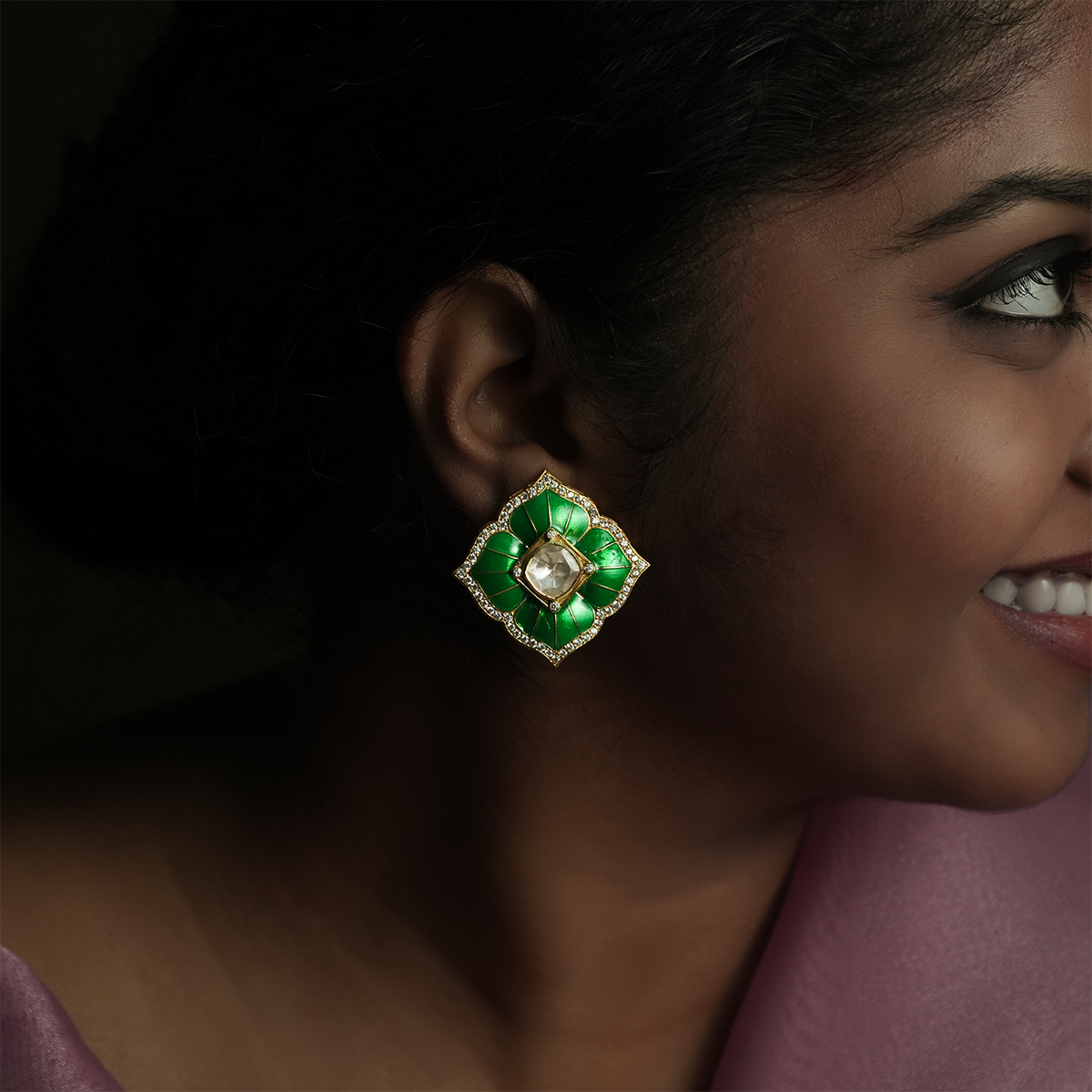 One-of-One 92.5 Silver Green Enamel Square Stud Earrings