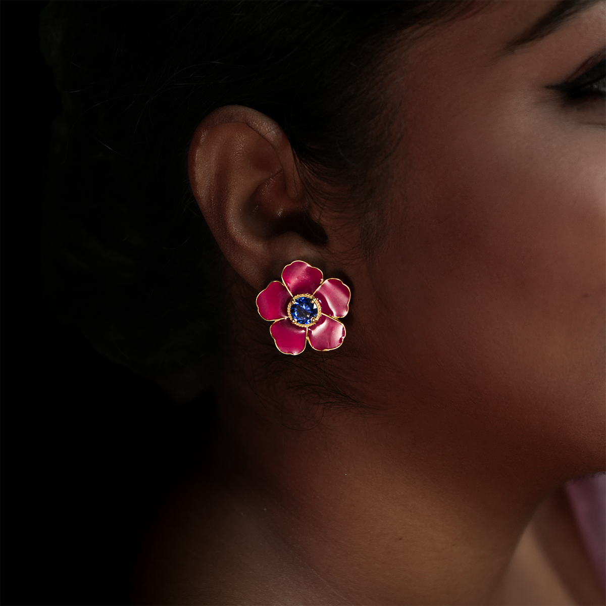 One-of-One 92.5 Silver Red Enamel Floral Stud Earrings with Blue Center