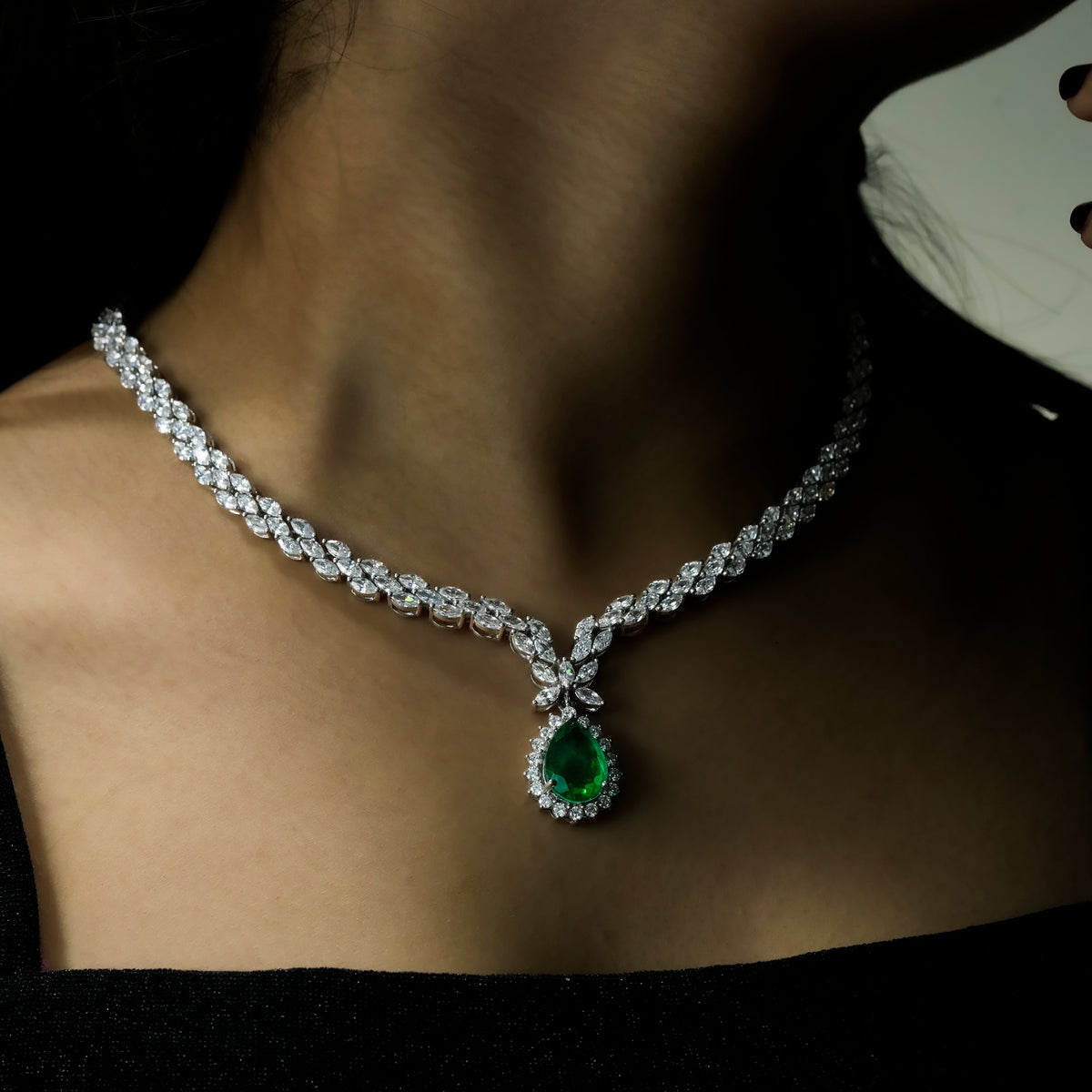 One-of-One 92.5 Silver Pear Emerald Drop Necklace Set