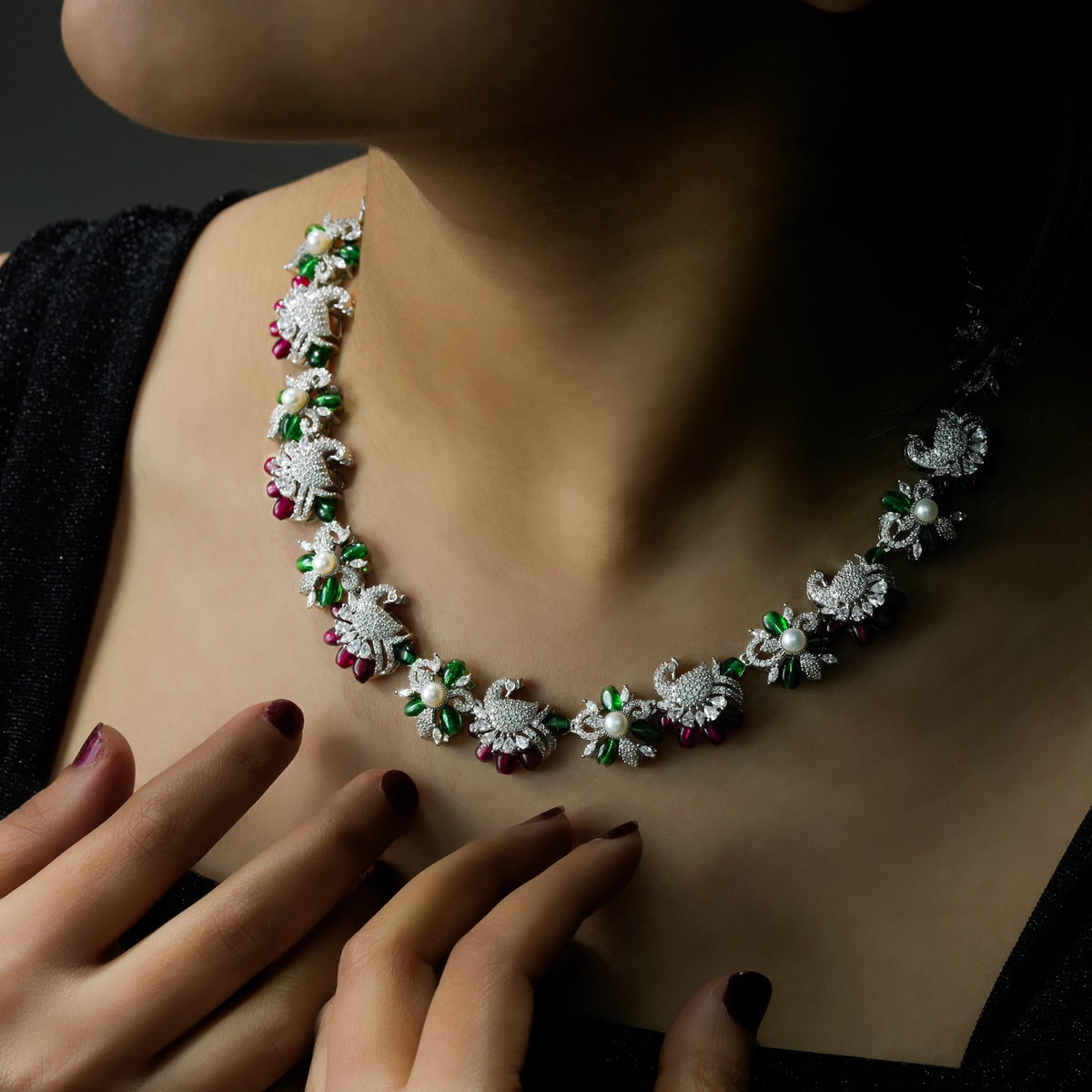 One-of-One 92.5 Silver Emerald Ruby Floral Necklace Set