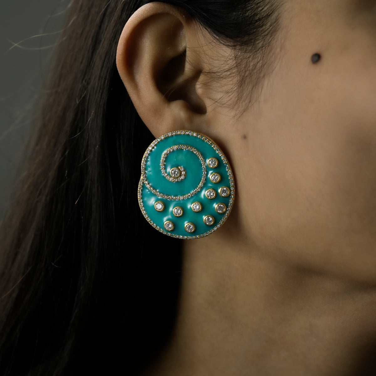 One-of-One 92.5 Silver Green Enamel Spiral Stud Earrings