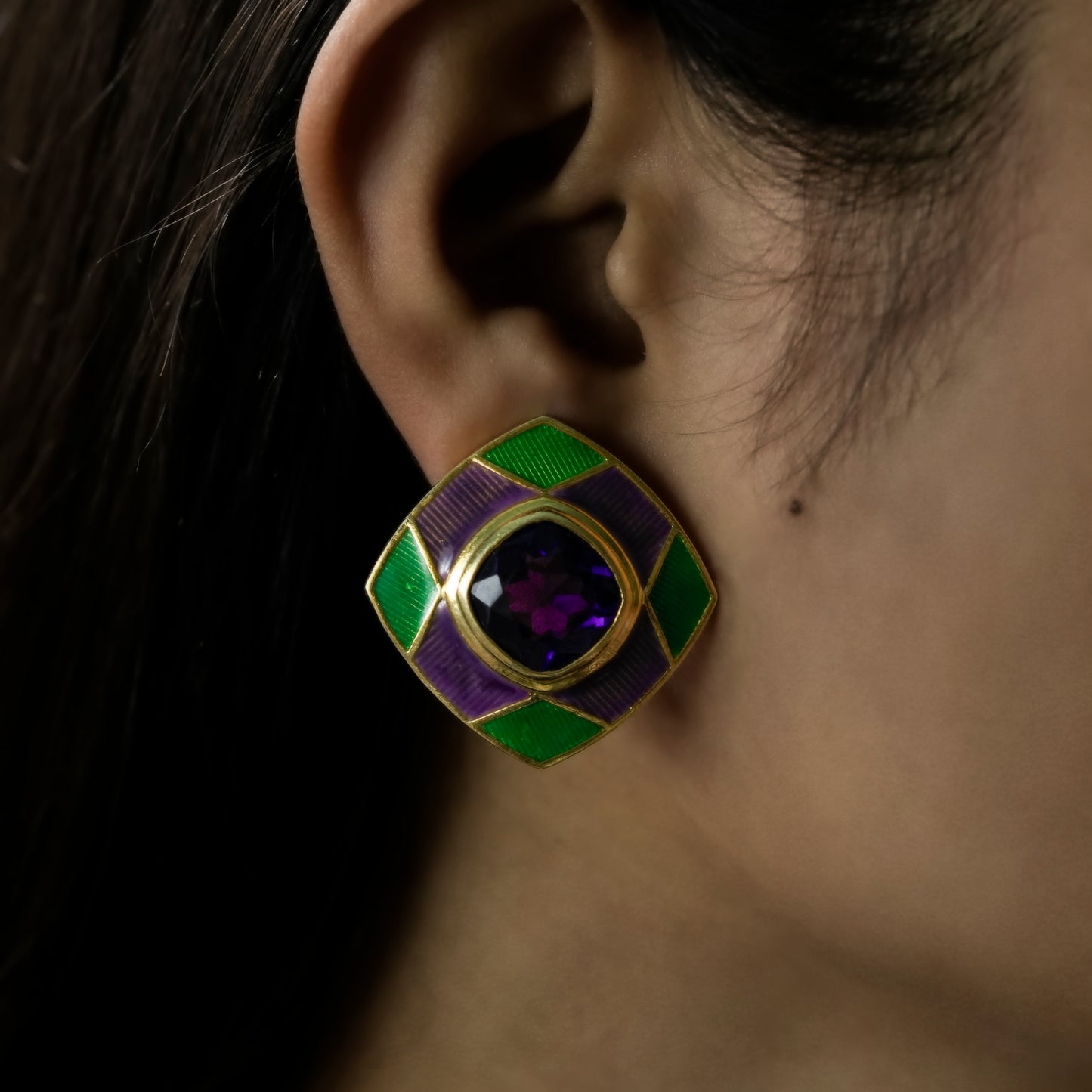 One-of-One 92.5 Silver Amethyst Enamel Square Stud Earrings
