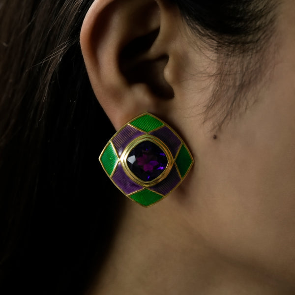 One-of-One 92.5 Silver Amethyst Enamel Square Stud Earrings