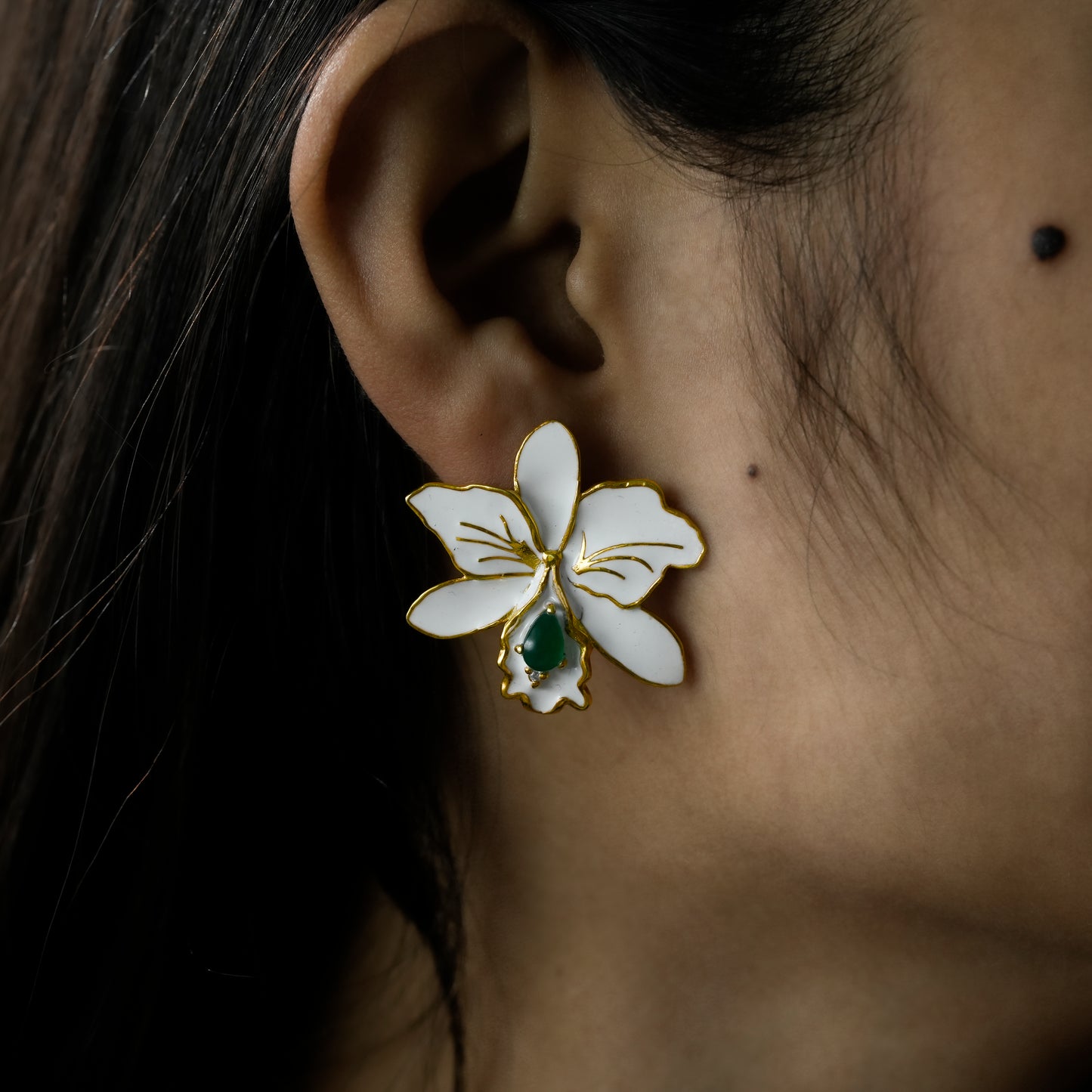 One-of-One 92.5 Silver White Enamel Orchid Stud Earrings