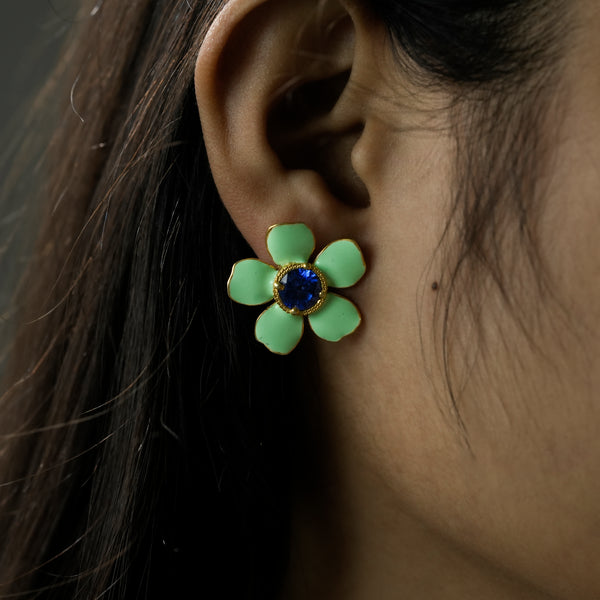 One-of-One 92.5 Silver Green Enamel Floral Stud Earrings