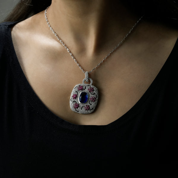 One-of-One 92.5 Silver Blue Stone Floral Motif Pendant Necklace