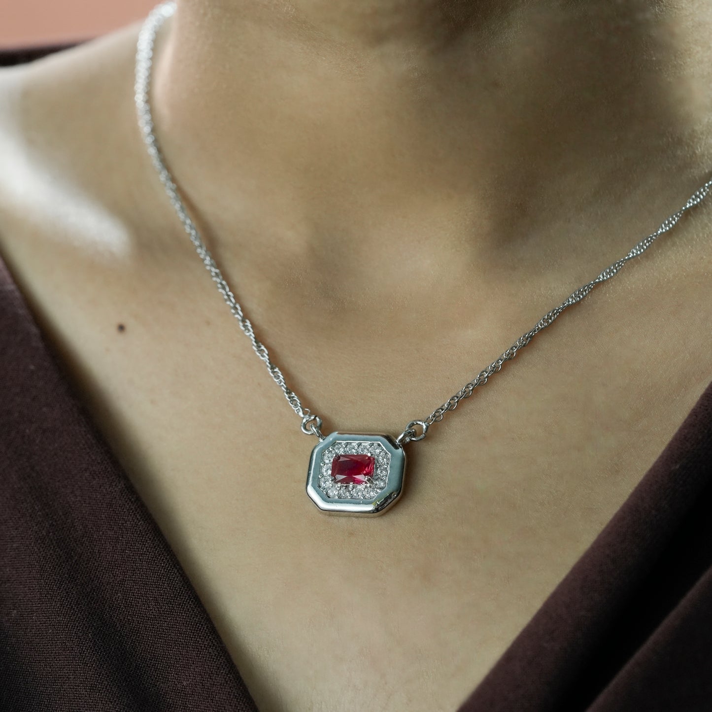 92.5 Silver One-of-One Simulant Ruby Octagonal Pendant