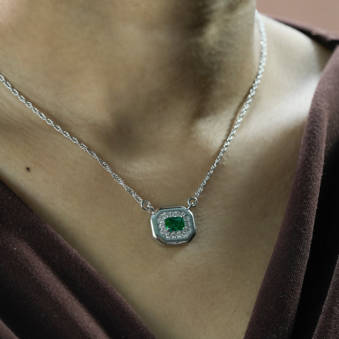 One-of-One 92.5 Silver Simulant Emerald Octagonal Pendant