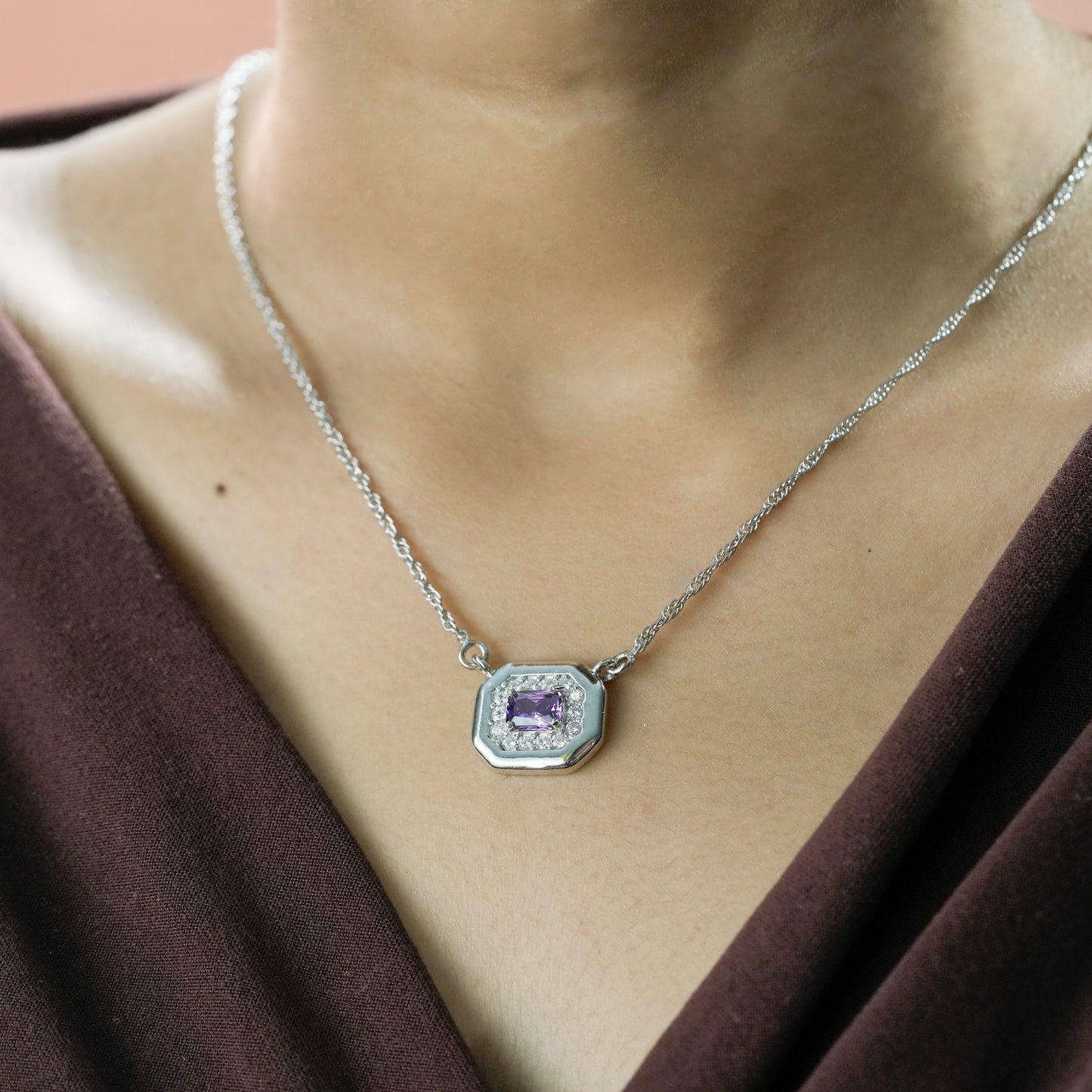 One-of-One 92.5 Silver Simulant Purple Gemstone Octagonal Pendant