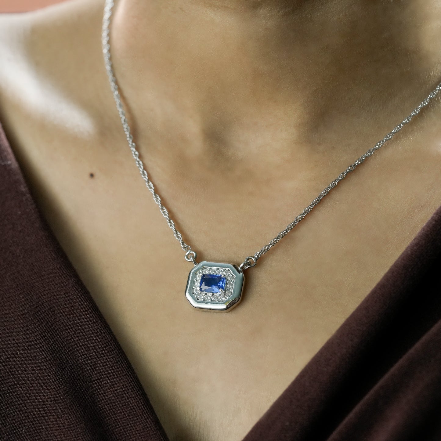 One-of-One 92.5 Silver Blue Simulant Sapphire Octagonal Pendant