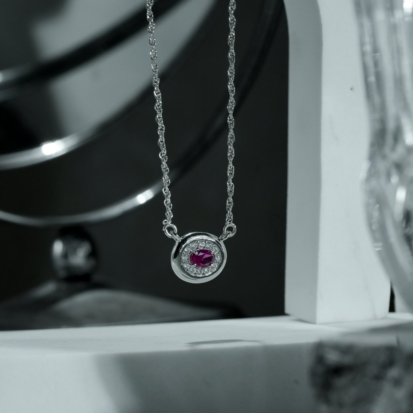 One-of-One 92.5 Silver Round Simulant Ruby Pendant