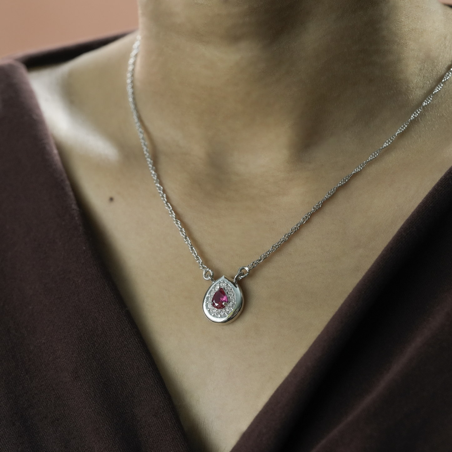 One-of One 92.5 Silver Teardrop Red Simulant Ruby Pendant Necklace