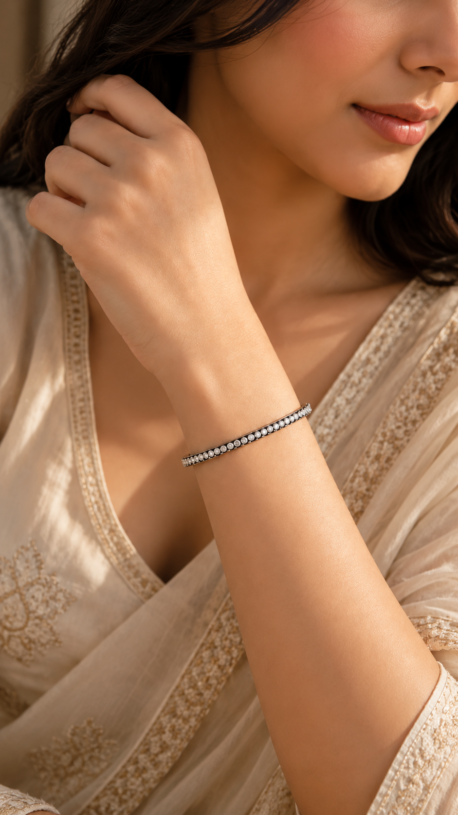 Double-Row 925 Sterling Silver with White Stone Bangle For Women | Hallmarked