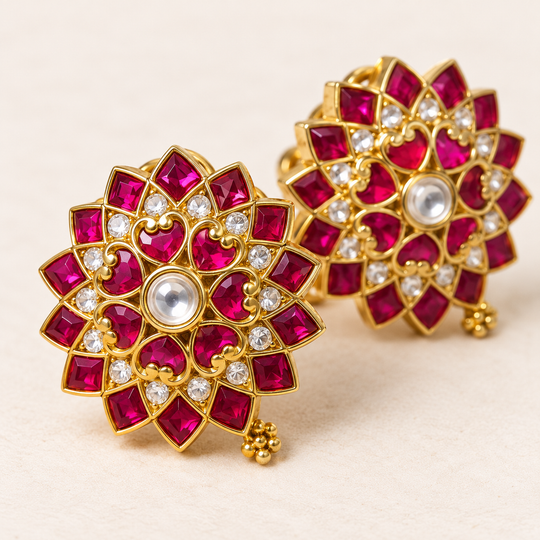 Pink Kundan Floral Stud Earrings for Women