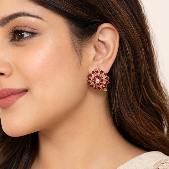 Pink Kundan Floral Stud Earrings for Women