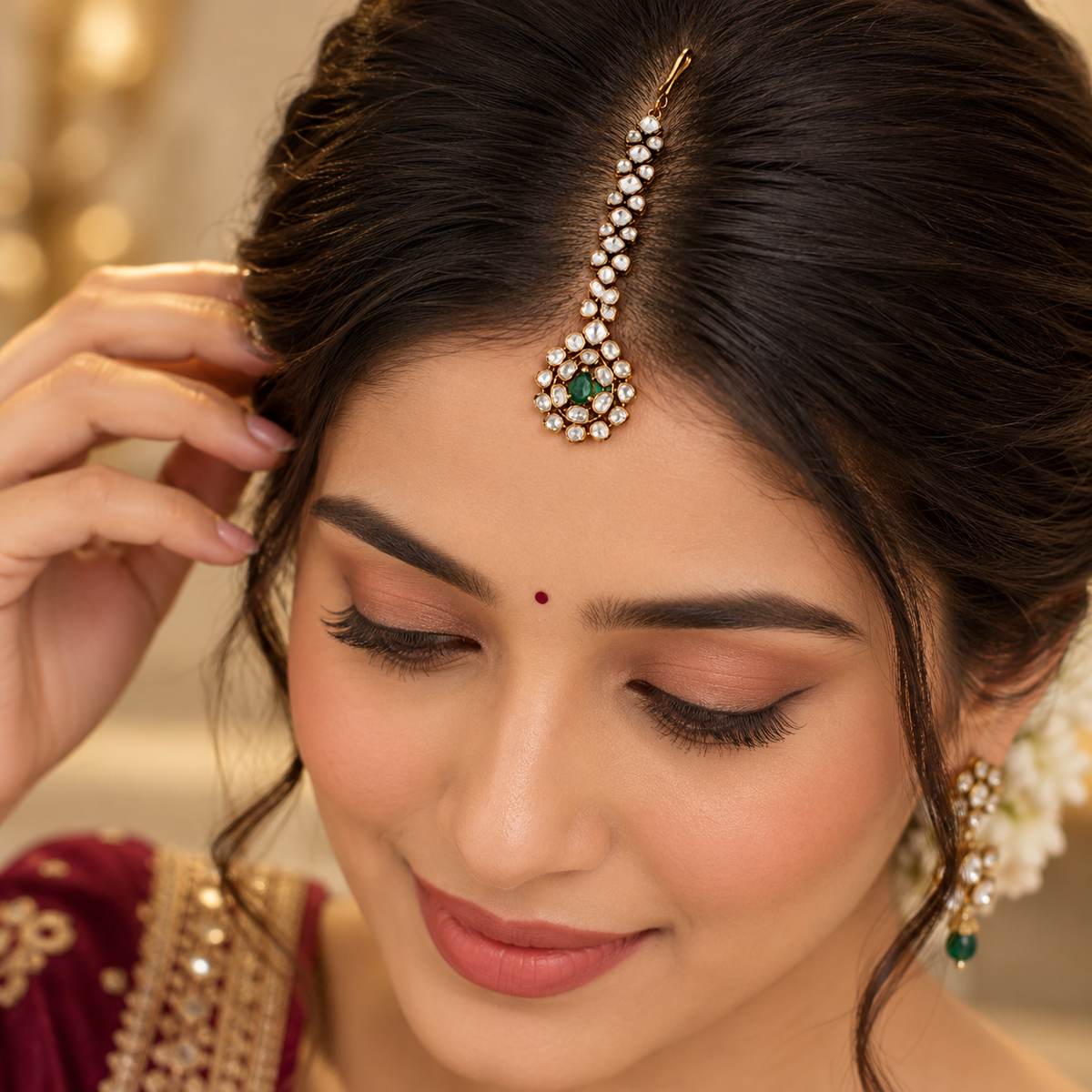 925 Silver Emerald Green Moissanite Maang Tikka