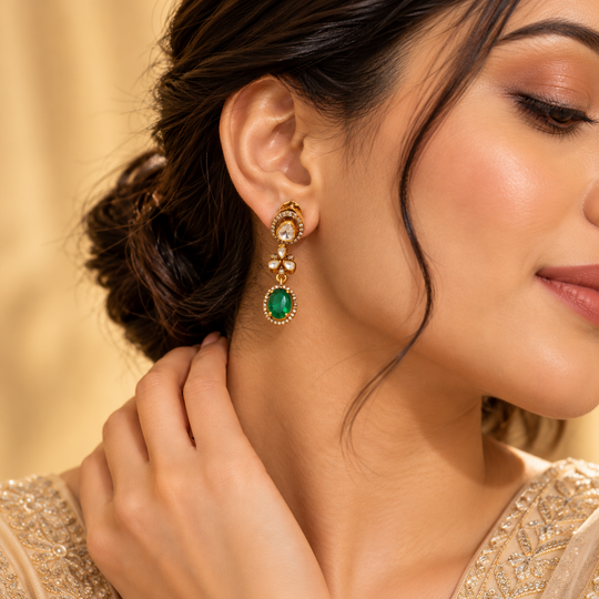 925 Silver Emerald Green Moissanite Polki Drop Earrings