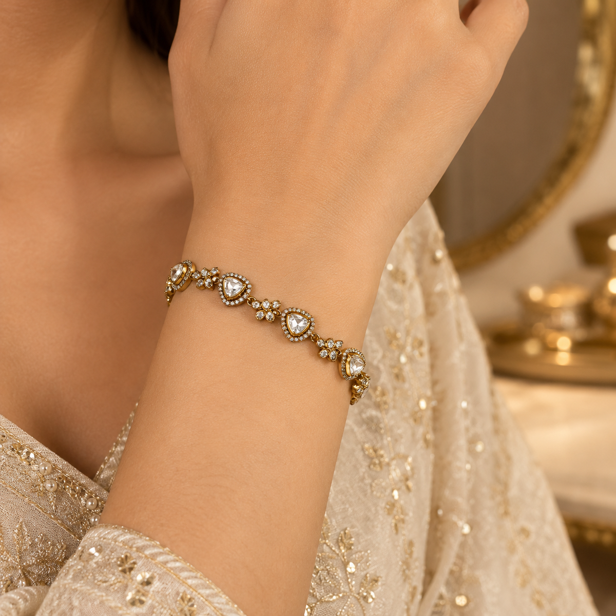 925 Silver Gold Plated Pear Floral Moissanite Bracelet