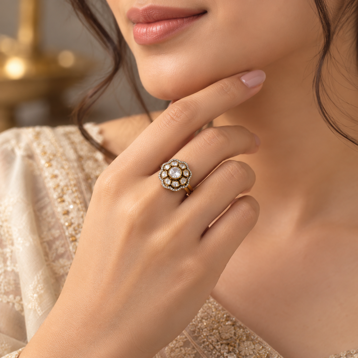 925 Sterling Silver Moissanite Polki Floral Ring