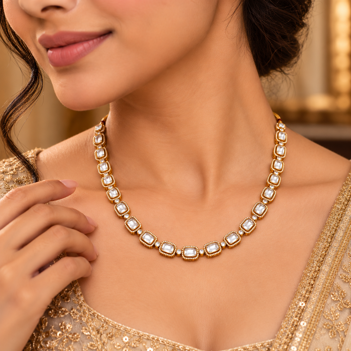 925 Silver Moissanite Polki Necklace for Women