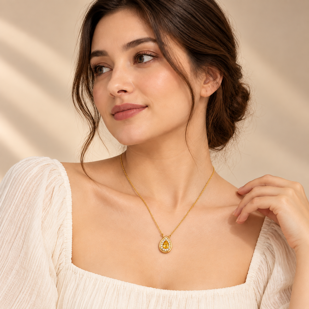 Yellow Quartz Pear Pendant Chain For Women