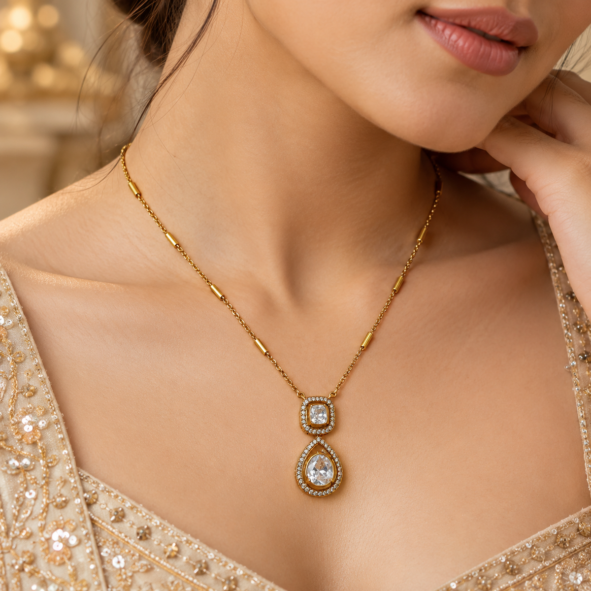 925 Silver Gold Plated Moissanite Tear Drop Chain Pendant