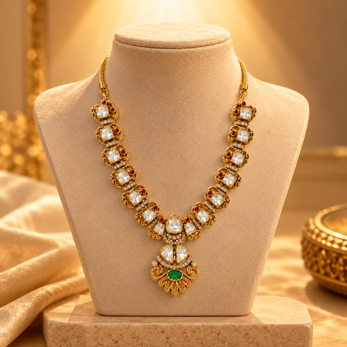 925 Silver Moissanite Polki Emerald Green Bridal Necklace