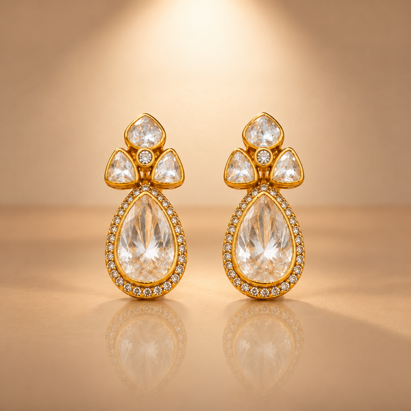 925 Silver Gold Plated Moissanite Polki Tear Drop Earrings