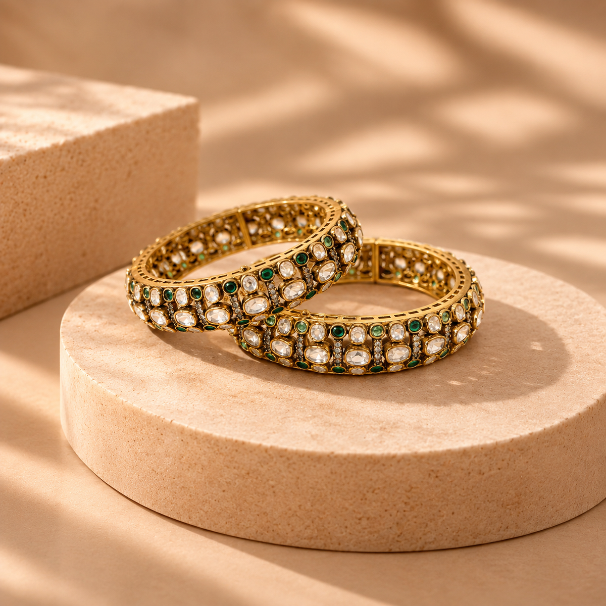 925 Silver Moissanite Polki Gold Plated Bangle Set