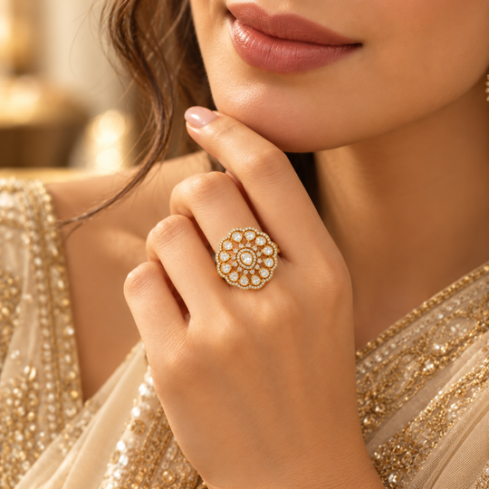 925 Silver Gold Plated Floral Polki Ring
