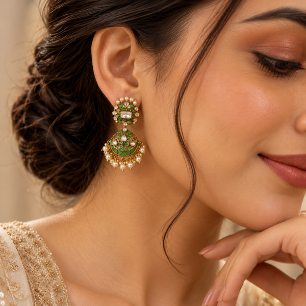 Green Moissanite Polki Pearl Jhumka Earrings