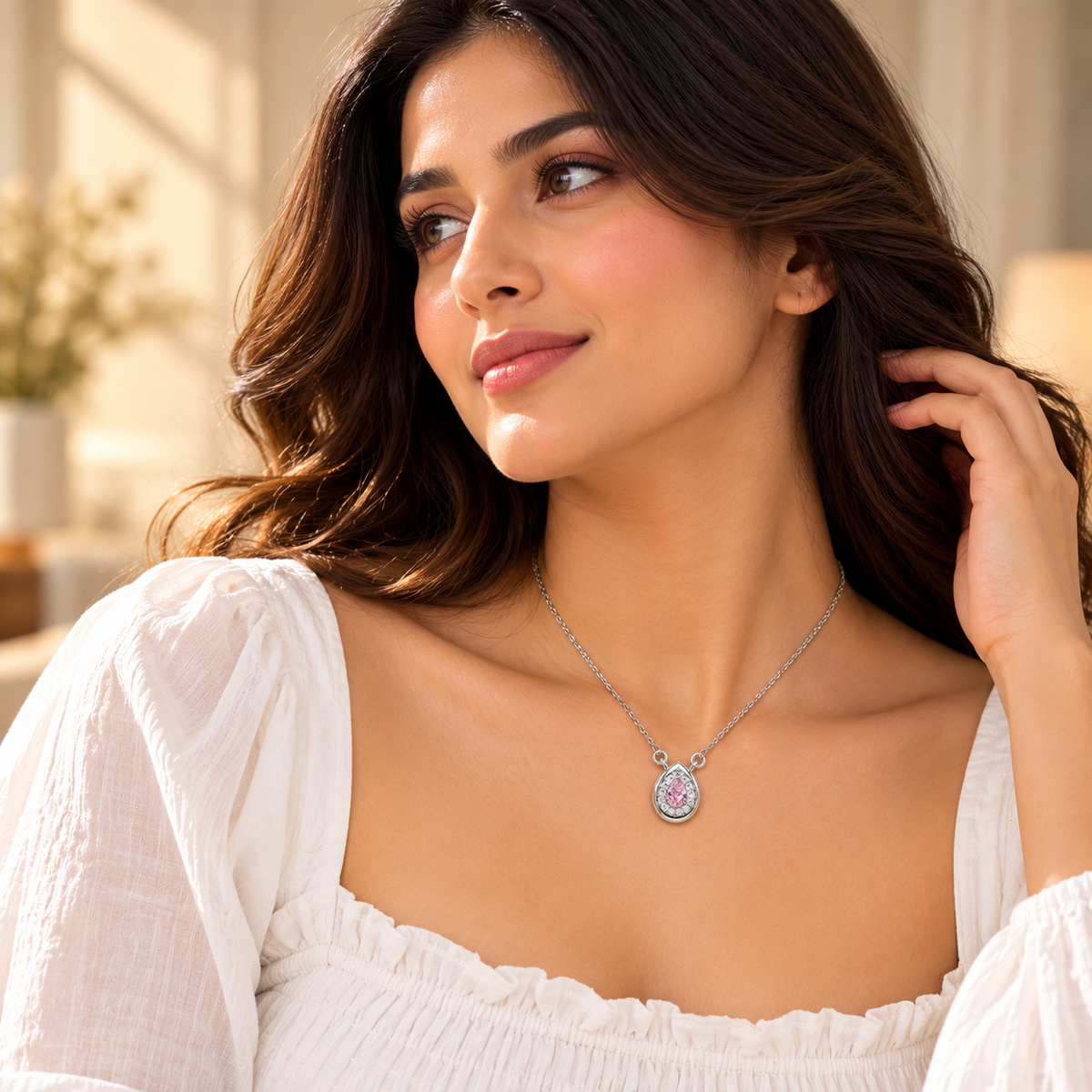 925 Silver Pink Teardrop Halo Pendant Chain