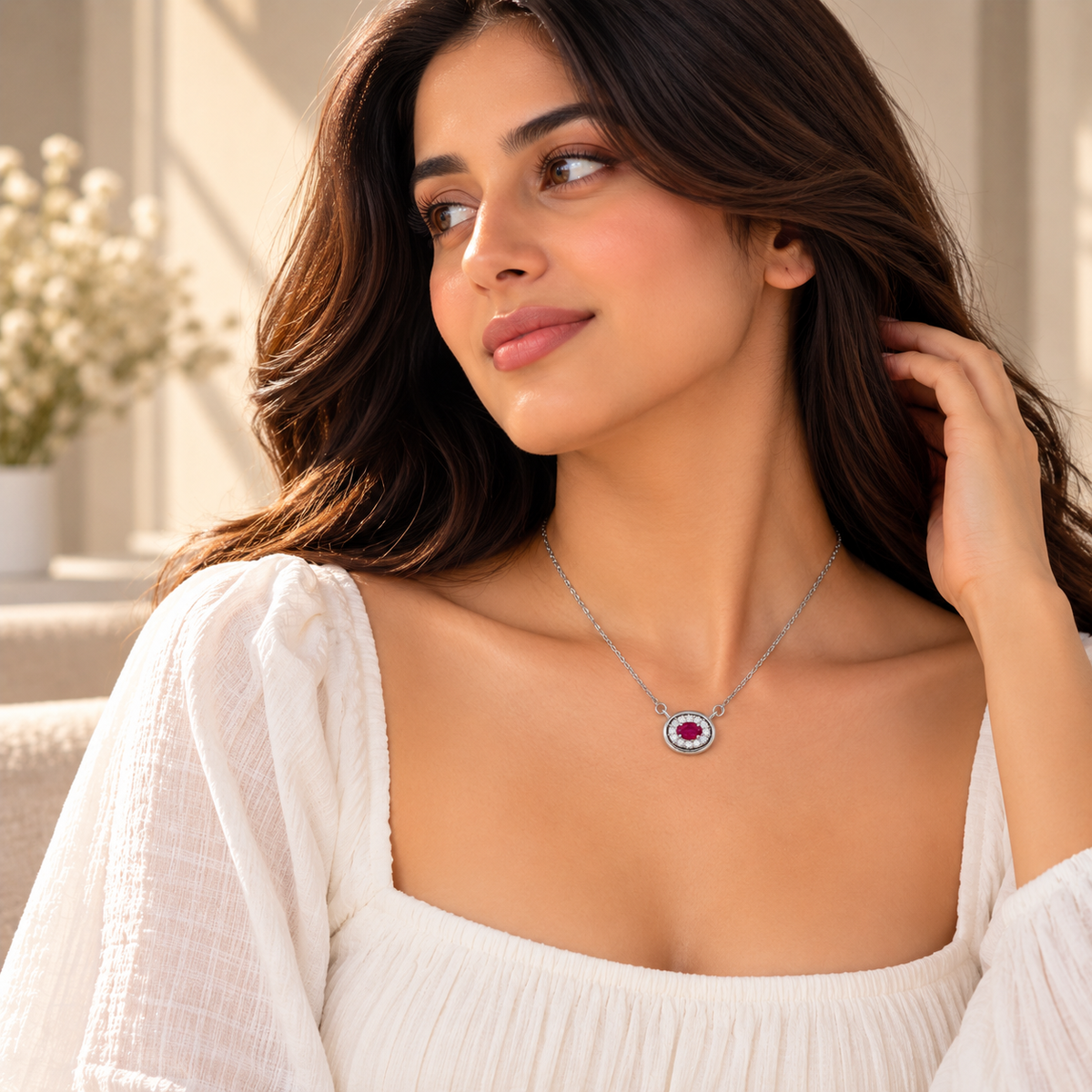 925 Silver Oval Pink Quartz Moissanite Halo Chain Pendant