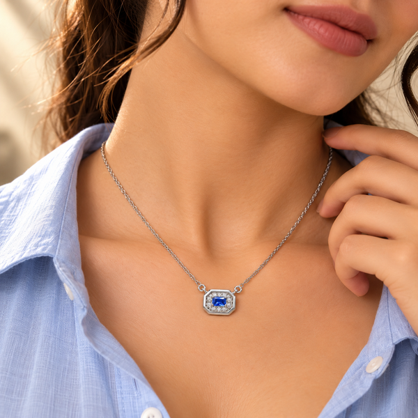 Blue Quartz Moissanite Octagon Halo Pendant with Chain