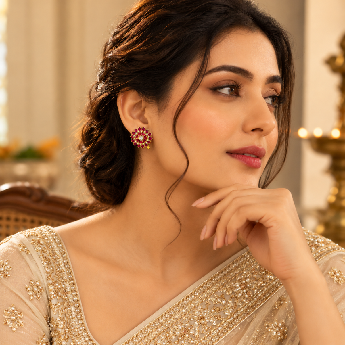 Pink Kundan Floral Stud Earrings for Women