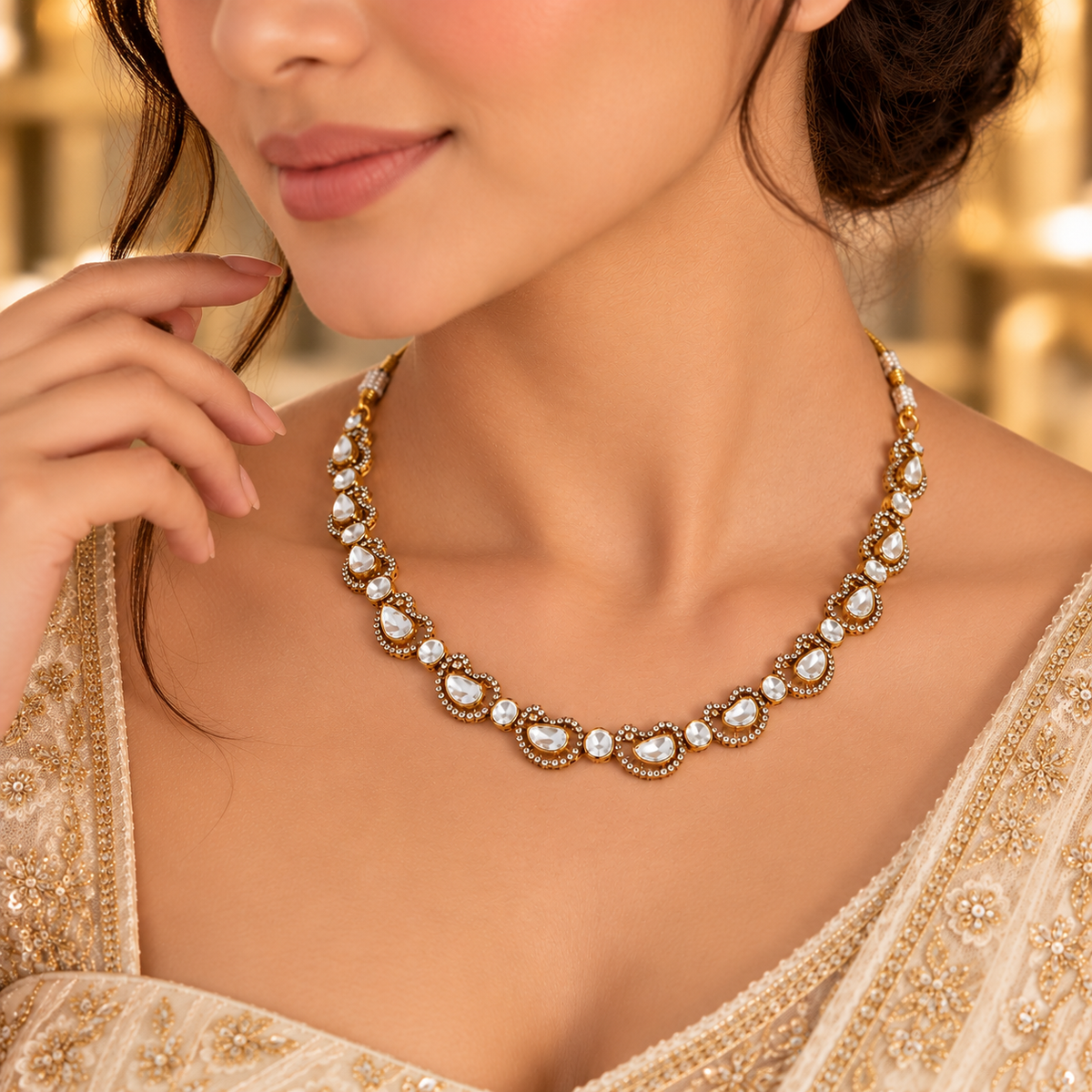 925 Sterling Silver Moissanite Polki Necklace